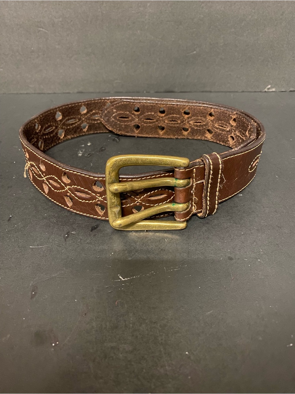 Women’s Fossil Brown Leather Embroidered Belt with Brass Buckle